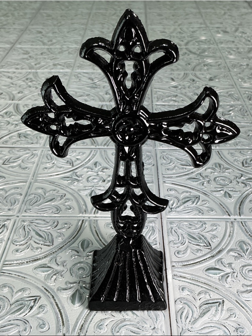 Black Cast Iron Gothic Victorian Altar Cross Standing Cathedral Decor 7.5"x5"